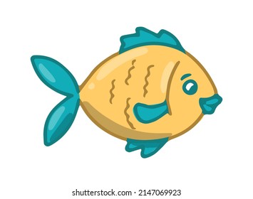 cute hand drawn smiling fish isolated on white background. Good for posters, prints, cards, stickers, nursery decor, kids apparel, sublimation. Sea life doodle, clipart. EPS 10