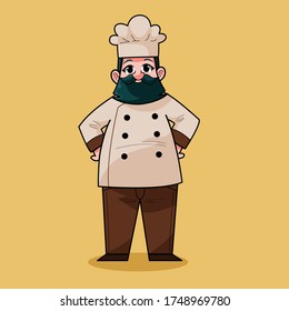 Cute Hand Drawn of Smiling Happy Fat People Chef Wearing Uniform With Beard. Suitable For Children Kids Activity Book, Mascot, Character, T-Shirt, Sticker, Logo, Cards. Cartoon Illustration. Doodle.