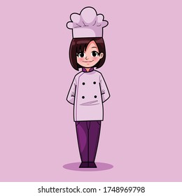 Cute Hand Drawn of Smiling Happy People Young Girl Chef Wearing Uniform. Suitable For Children Kids Activity Book, Mascot, Character, Sticker, T-Shirt, Logo, Cards. Cartoon Illustration. Doodle.