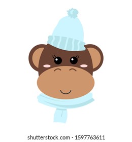 Cute hand drawn smiling monkey in winter hat and scarf. Cartoon zoo. Vector illustration. Animal for the design of children's products in scandinavian style.