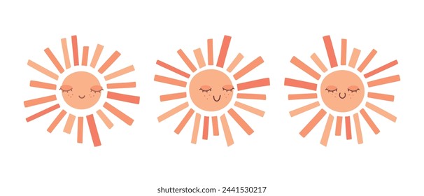 Cute hand drawn smiling sun with closed eyes set. Scandinavian style decoration for nursery kids room. Vector illustration 