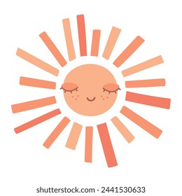 Cute hand drawn smiling sun with closed eyes. Scandinavian style decoration for nursery kids room. Vector illustration 