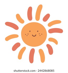 Cute hand drawn smiling sun. Decoration in childish style for nursery or kids room. Vector illustration 