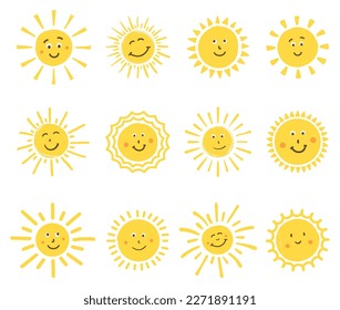 Cute hand drawn smiling suns on white background, vector eps10 illustration
