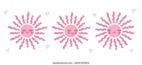 Cute hand drawn smiling suns set. Scandinavian style decoration for nursery kids room. Vector illustration 
