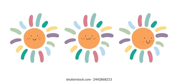 Cute hand drawn smiling suns in rainbow colors. Decoration in childish style for nursery or kids room. Vector illustration 