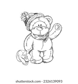 Oso de peluche dibujado a mano sonriente en sombrero ondeando y sosteniendo el estilo de boceto de conejo, ilustración vectorial aislada en fondo blanco. Elemento de diseño decorativo delineado, juguete monocromo cosido