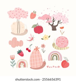 Cute hand drawn snails, plants, fruits, rainbows in pink colors. Cartoon animals and nature. Vector illustration.