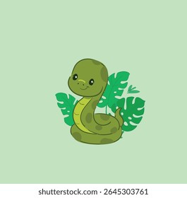 Cute Hand Drawn Snake with Tropical Leaves Vector Illustration for Kids