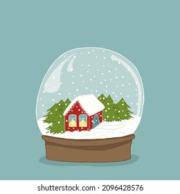 Cute hand drawn snow globe with house inside. Traditional Christmas gift with falling snow. Vector illustration for cards, banners, posters, prints, invitations and other designs