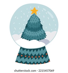 Cute hand drawn snow globe with Christmas tree with star above it and snowflakes. Vector clipart isolated on background. Glass sphere ball. Concept of Christmas, wintertime, holiday. New Year decor.