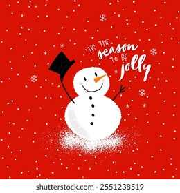 Cute hand drawn Snowman with carrot nose and cylinder hat, lovely christmas background, great for greeting cards, gift bags, banners