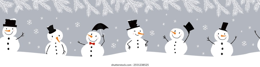 Cute hand drawn Snowman with carrot nose and cylinder hat, lovely christmas background, great for wrapping paper, textiles, wallpapers - vector 