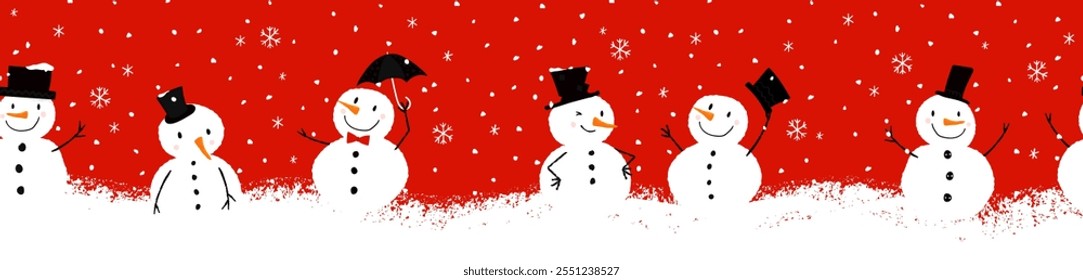 Cute hand drawn Snowman with carrot nose and cylinder hat, lovely christmas background, horizontal seamless