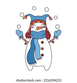 Cute hand drawn snowman juggling snowballs. Winter theme vector illustration. Christmas character for card, invite, print, poster, label, gift, packaging, fabric, wallpaper, textile, wrapping paper.