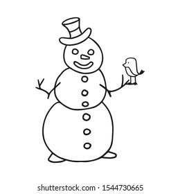 Cute hand drawn snowman in a top hat with a bird. In doodle style, black outline isolated on a white background. Winter element for banners, cards, coloring book, design, sticker. Vector illustration.