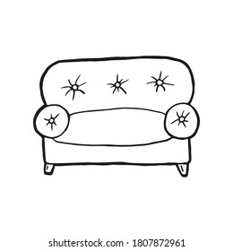 sofá dibujado a mano sobre fondo blanco. Elemento divertido en el estilo de doodle de moda para tarjeta, banner de medios sociales, logo, pegatina, impresión, decoración de niños sala de juegos. Ilustración vectorial.