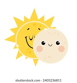 Cute hand drawn solar eclipse illustration. Vector sun and moon characters design.
