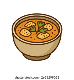 Cute Hand drawn Soup with Parsley and Crouton in Bowl Illustration