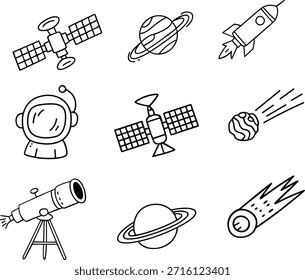 Cute Hand Drawn Space and Astronomy Doodles Collection, conceito de exploração espacial