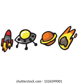 Cute hand drawn space button illustrations. UFO, spaceship, planet and comet clipart. 