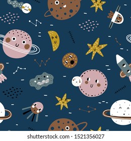 Cute hand drawn space elements seamless pattern. Cosmos doodle illustration. Vector illustration. Seamless pattern with cartoon space rockets, alien, planets and stars.