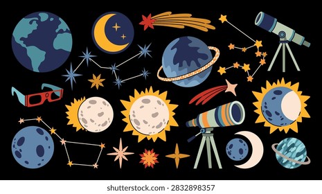 Cute hand drawn space exploration collection featuring planets, Earth, Moon, lunar and solar eclipse, Sun, Saturn, stars, constellations, comets, telescopes, and astronomy glasses. Colorful vector illustration set of outer space, astronomy, science, cosmic discovery, and the universe, perfect for educational materials, children’s books, posters, stickers, stationery, nursery decor, school projects, social media graphics, and space-themed designs.