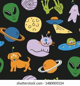 Cute hand drawn space pattern. Set on a space theme with aliens, animals, spaceships, planets - moon, saturn, ufo, stars, monsters. Vector seamless pattern isolated on white background. - Vector