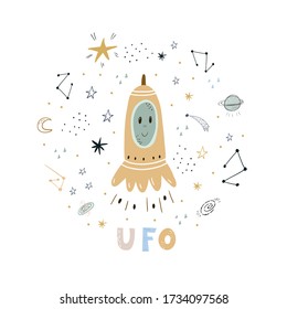 Cute hand drawn with space rocket. Perfect for kids apparel,fabric, textile, nursery decoration,wrapping paper