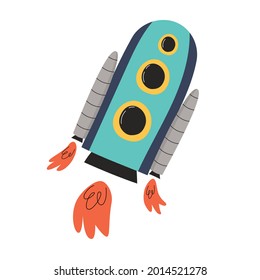 Cute hand drawn spaceship with flame. Vector illustration for children.