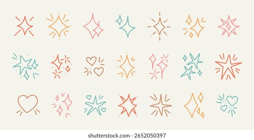 Cute hand drawn sparkle doodle icons in pastel tones on white background with stars hearts and shiny bursts for children design scrapbooking kawaii sticker element planner girly fun illustrations