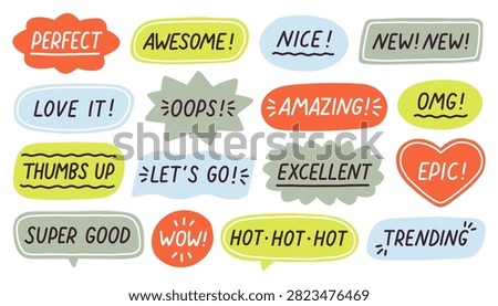 Cute hand drawn speech bubbles with reaction words awesome perfect epic wow nice and trending. Pastel doodle vector sticker set for social media blog video feedback and user engagement graphics.