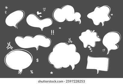 cute Hand drawn Speech and Chat Bubbles with Comic Style on black background