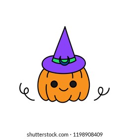 Cute hand drawn spooky carved pumpkin in wizard costume vector illustration. Halloween pumpkin with witch purple and green hat, isolated.