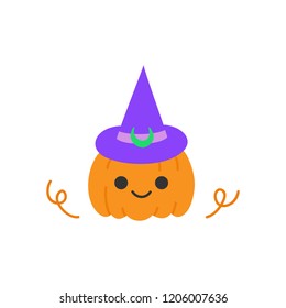 Cute hand drawn spooky carved pumpkin in wizard costume vector illustration. Halloween pumpkin with witch purple and green hat, isolated.