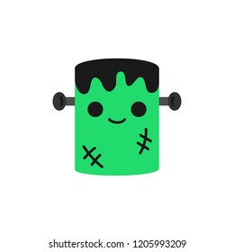 Cute hand drawn spooky frankenstein monster vector illustration. Halloween green zombie with black hair, scars and grey nails in head, isolated.