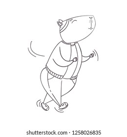 Cute hand drawn sport style capybara. For coloring book. Funny running animal character promoting healthy life.
