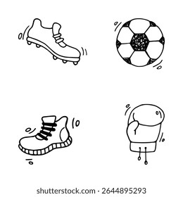 Bonito mão desenhada equipamentos esportivos ícones bola de futebol Cleats luva de boxe Running sapato Design Elementos