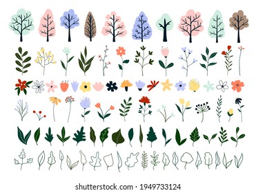 Cute hand drawn spring blooming trees, flowers, green leaves. Cozy hygge scandinavian style template for postcard, poster, greeting card, kids t shirt design. Vector illustration in flat cartoon style