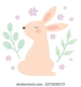 Cute hand drawn spring bunny with flowers. Cute and beautiful rabbit for happy easter holiday