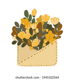 Cute hand drawn spring card. Beige envelope with yellow flowers and green leaves. Floral vector illustration isolated on white background.