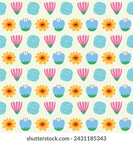 Cute hand drawn spring colorful flowers seamless pattern with floral for fabric textiles clothing wrapping paper cover banner home decor abstract backgrounds Vector illustration