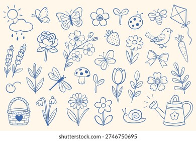 Cute hand drawn spring element set in line art style. Floral doodle collection with flower, butterfly, bird, mushroom, watering can and garden clipart isolated on neutral background.