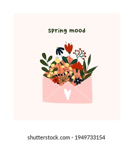 Klare, handgezeichnete Federhülle mit blühenden Blumen, grünen Blättern. Gemütliches Schuhcreme-Skandinavier-Template für Postkarte, Grußkarte, Kinder-T-Shirt-Design. Vektorgrafik im Flachbildkarikaturstil