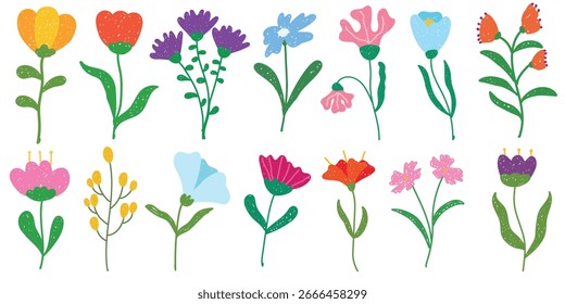 Cute hand drawn spring flower doodle set. Colorful floral vector elements with crayon, chalk, sketchy style. Perfect for kids design, spring clipart, invitations, stickers, cards, and textile prints.