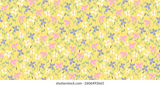 Cute hand drawn spring flowers seamless pattern, lovely floral background, great for textiles, banners, wrapping, cloth - vector design
