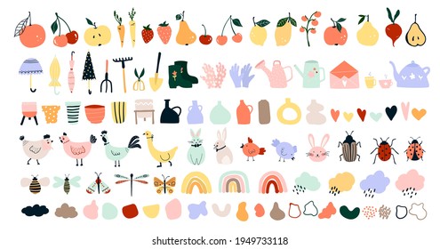 Cute hand drawn spring icons, garden tools, fruits, vegetables, chickens, hares, bees, butterflies. Cozy hygge scandinavian style for postcard, greeting card. Vector illustration in flat cartoon style