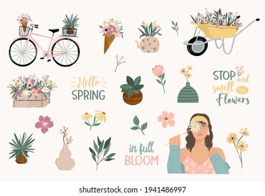 Dibujo estirado a mano de primavera conjunto de flores, hojas, jarrones, bicicleta.