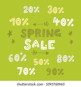 Cute hand drawn spring sale vector lettering with discounts numbers. Colorful design elements for shops and web stores advertising