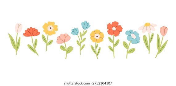 Cute hand drawn spring and summer flowers collection. Floral doodle elements with wildflowers and leaves. Perfect for spring designs, floral decorations, stickers, prints, cards, and modern graphics.